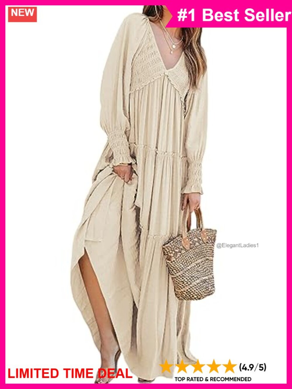 Long Sleeve V Neck Flowy Maxi Dress Boho Casual